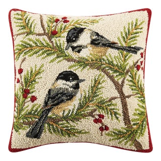 Chickadees Hook Pillow 16" x 16" For Sale
