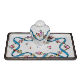 Vintage St. Yves Paris Porcelain and Silver-Plate Inkwell Set With Tray For Sale