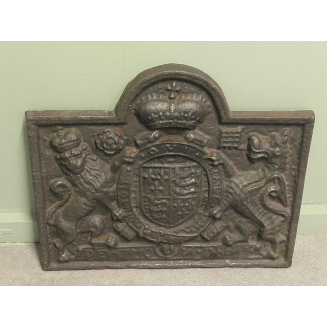 Large Iron Fire Back, Royal Crest and Motto. This is a Heavy Late 19th Century Cast Iron Fire Back Lion and unicorn...