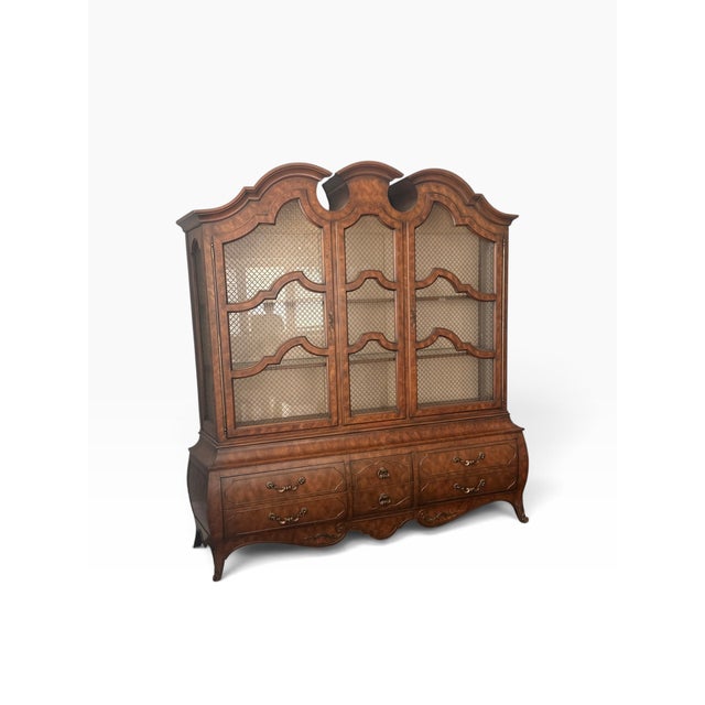 Mastercraft 1970s Monumental Mastercraft Burl Wood & Brass Lattice China Cabinet Vitrine For Sale - Image 4 of 11