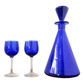 Bottle and Glasses in Cobalt Blue attributed to Marinha Grande, 1950s, Set of 3 For Sale
