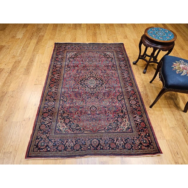 Vintage Persian Kashan Rug, Hand-Knotted Wool & Cotton, Floral Pattern, Red & Navy, 4x6 For Sale - Image 4 of 18