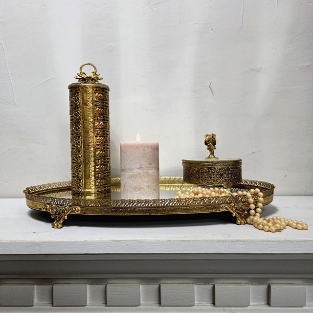 Metal 1960's Stylebuilt Vanity Mirror Tray Set Victorian Gothic Gilded Gold Accents For Sale - Image 7 of 14