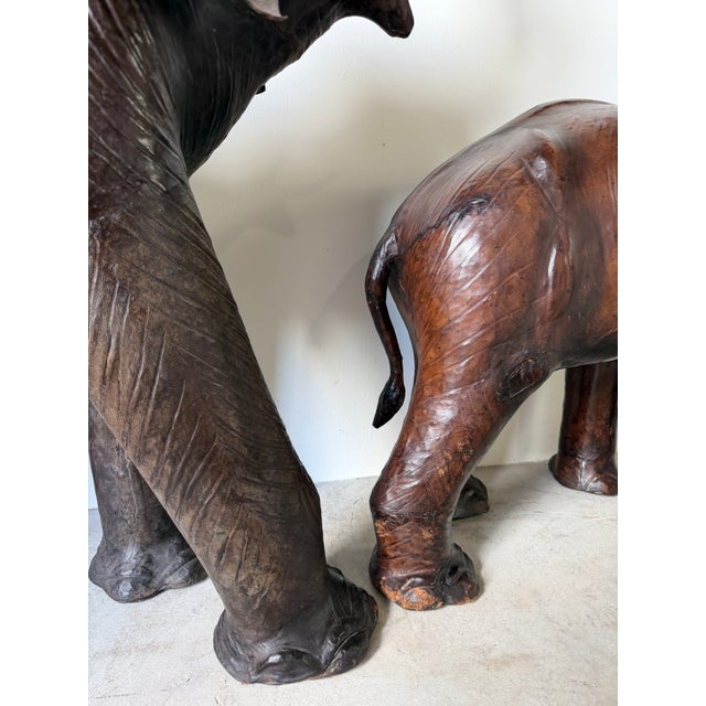 Vintage Safari Style Oversized Leather Elephant Sculptures With Raised Trunks – A Pair For Sale - Image 14 of 18