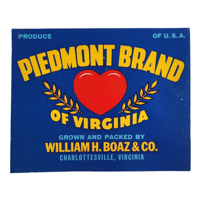 1950s Produce Crate Label for 'Piedmont Brand of Virginia' in Charlottesville, Virginia For Sale