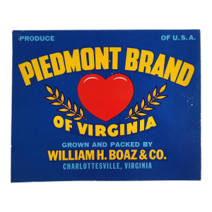 1950s Produce Crate Label for 'Piedmont Brand of Virginia' in Charlottesville, Virginia
