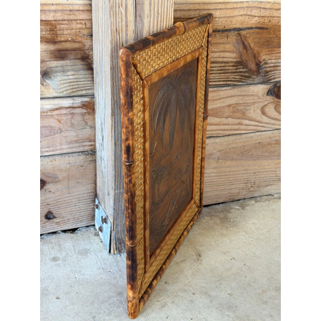 Vintage Hawaiian Tiki Copper Relief in Tortoise Bamboo Frame With Woven Rattan Mat For Sale - Image 10 of 12