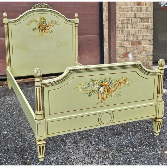 Green Pair Louis XVI Style Parcel Gilt and Painted and Decorated Twin Size Beds For Sale - Image 8 of 12