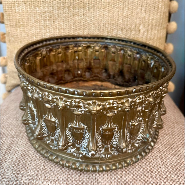 Metal Antique French Revival Repoussé Brass Jardinière Cachepot, Embossed Classical Urn Motif Planter C 1890–1915 For Sale - Image 7 of 11