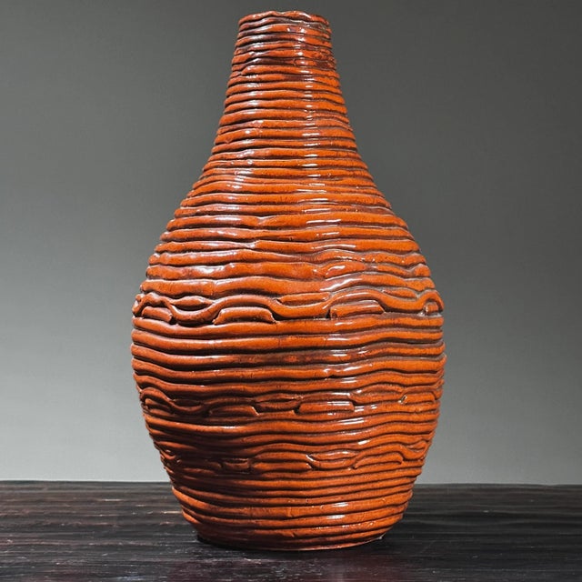 Contemporary Vintage Hand Coiled Orange Postmodernist Glazed Ceramic Vase, Signed (1973) For Sale - Image 3 of 11