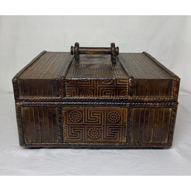 Brown Mid 20th Century Chinese Bamboo Coiled Rattan Wood Box Embossed Patterning For Sale - Image 8 of 12