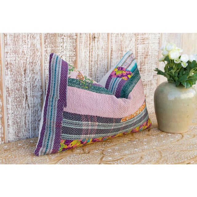 Early 21st Century Indu Vintage Lumbar Boho Kantha Pillow For Sale - Image 5 of 9