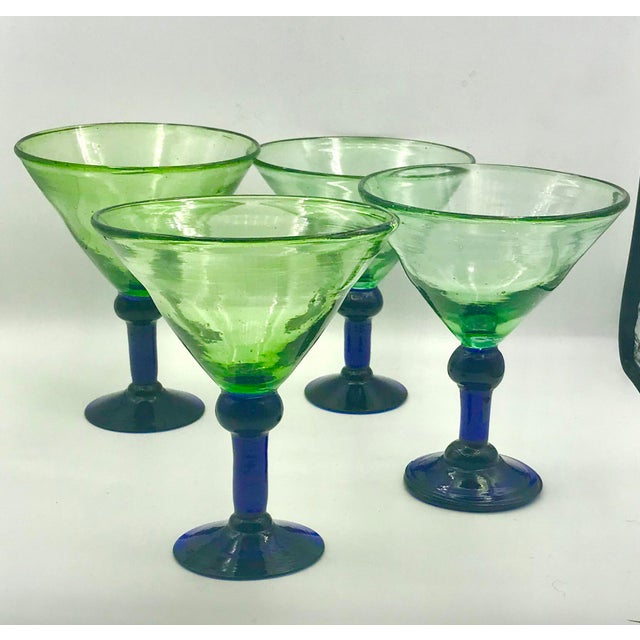 Contemporary 1980s Hand Blown Green and Cobalt Martini - Set of 4 For Sale - Image 3 of 8