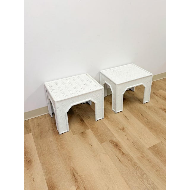 White Vintage Side Tables White Painted Parquet Faux Bamboo Regency Pair Accent Tables For Sale - Image 8 of 10