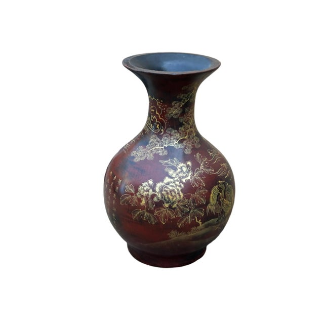 Chinese Brown Lacquer Golden Scenery Decorative Wood Vase Art For Sale - Image 4 of 18