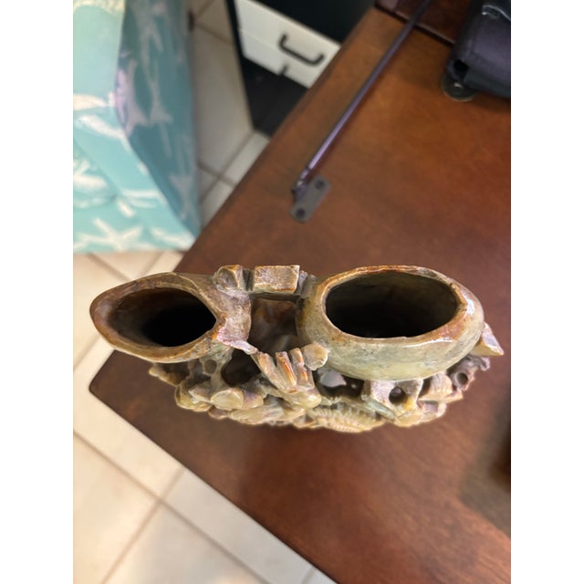 Early 20th Century Chinese Carved Soapstone Double Spill Vase Floral Relief Sculptural For Sale - Image 5 of 5