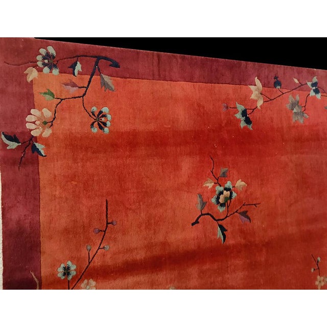 1920s Antique Red Floral Knotted Wool Chinese Art Deco Small Scatter Rug For Sale In New York - Image 6 of 9