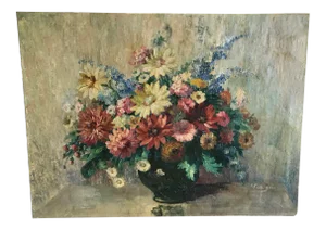 Late 19th Century Antique A. Fiebiger Flower Bouquet Oil on Canvas Painting