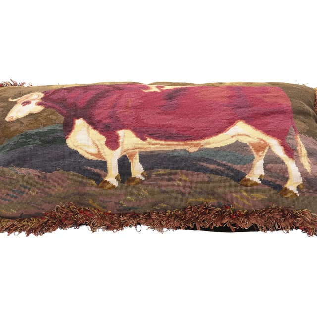 French Country Antique French Needlepoint Shorthorn Ox Tapestry Pillow - 02'09 X 01'09 For Sale - Image 3 of 10