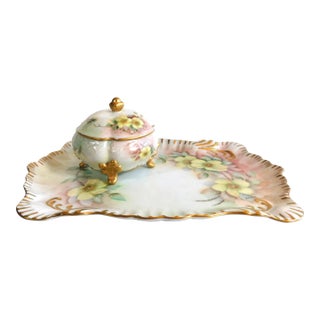 1960s Hand Painted and Signed Vanity Tray and Covered Vanity Jar For Sale