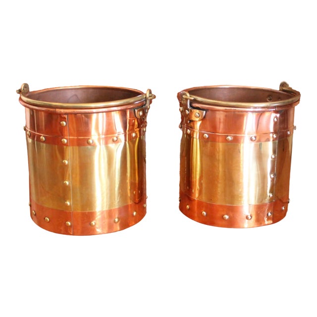 Pair of Small Copper and Brass Studded Kindling Buckets For Sale