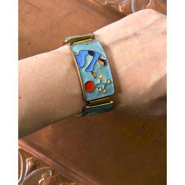 Blue Mid-Century Modern Enamel Link Bracelet with Cloisonné Geishas by Albert Gustav Bunge, Germany, 1950s For Sale - Image 8 of 9