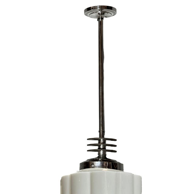 1930s Art Deco Chrome Streamline Pendant Light W/ Stepped Milk Glass Skyscraper Shade For Sale In Los Angeles - Image 6 of 6