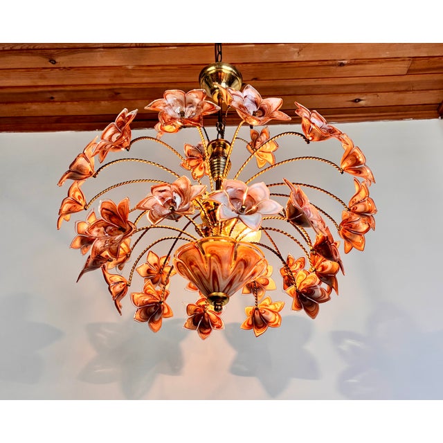 1980s Italian Murano Style Brown Floral Chandelier – Glass Flower Bouquet For Sale - Image 12 of 17