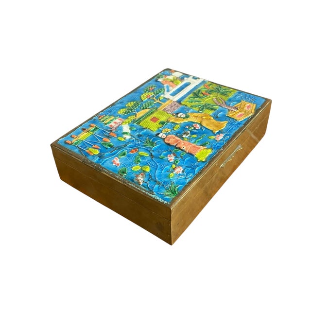 Vintage Chinoiserie Canton Enamel Brass Trinket Jewelry Box Wood Lined For Sale - Image 4 of 9