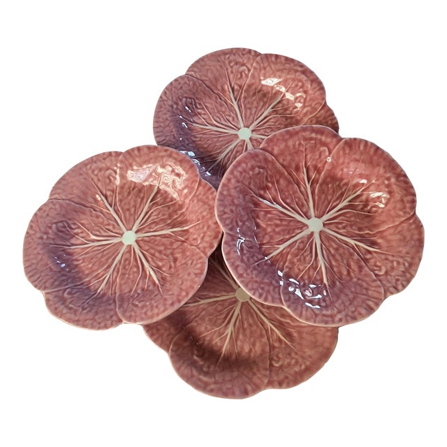 Vintage Mid-Century Modern Bordallo Pinheiro Majolica Pink Cabbage Lunch/Salad Plates - Set of 4 For Sale
