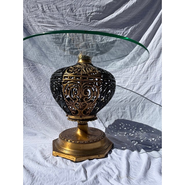 Hollywood Regency Vintage Hollywood Regency Gilt Metal Orb Pedestal Coffee Table With Glass Top – 24” For Sale - Image 3 of 14