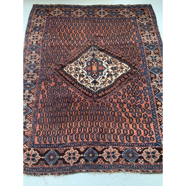 Square Antique Village Tribal Rug Mallard Greens, Terracotta 5.2 x 6.3 For Sale In Milwaukee - Image 6 of 9