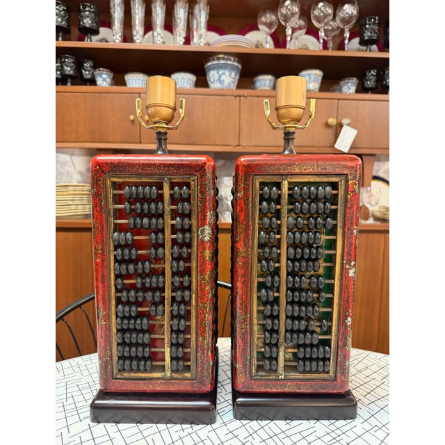 Red Exceptional Vintage Gilt Wood Chinoiserie Hand Made Lacquered Suanpan/ Abacus Table Lamps a Pair For Sale - Image 8 of 8