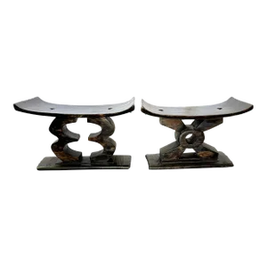 Coordinating Pair of Low African Style Wood Asante Stools- a Pair