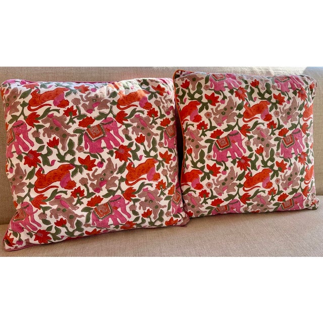 Pair Of Roller Rabbit Square Pillows in Pink and Orange. Elephant, lion and botanical pattern. Zippered pillow cover....