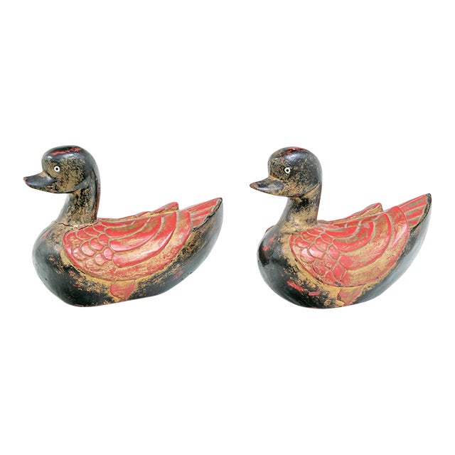 Vintage Hand-Carved Wooden Duck Sculptures—A Pair For Sale