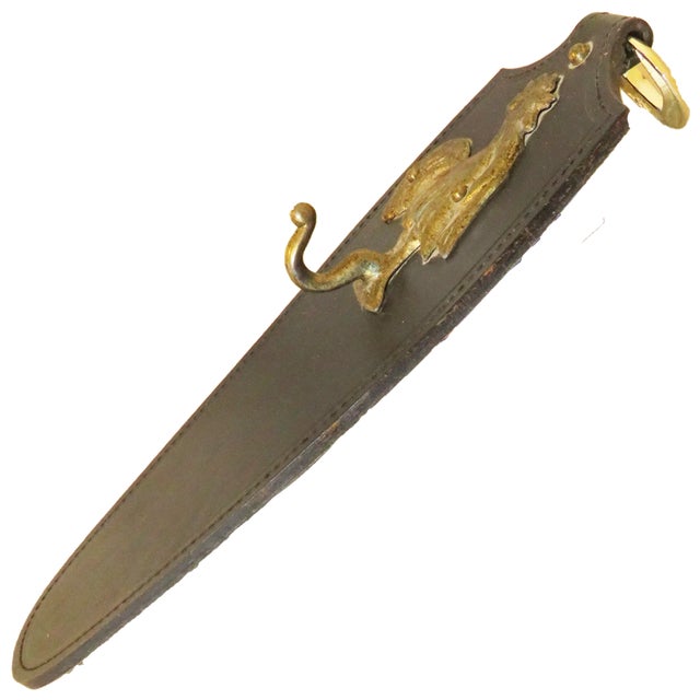 Unique French coq gaulois rooster form bronze hook on a black leather wrapped back plate with a gold-tone ring from which...