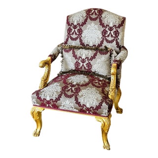French-Style Damask Armchair – Burgundy & Cream Upholstery With Ornate Gold Leaf Frame For Sale