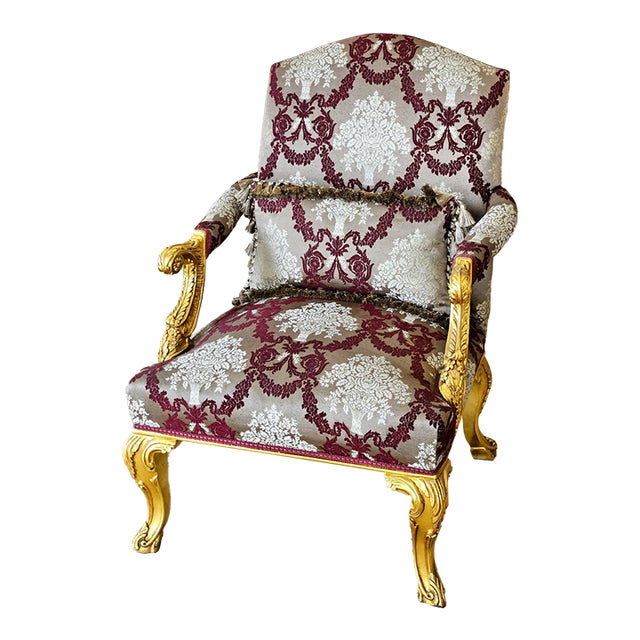 French-Style Damask Armchair – Burgundy & Cream Upholstery With Ornate Gold Leaf Frame For Sale