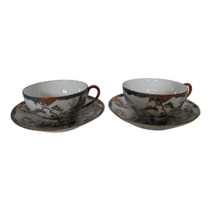 Antique Chinoiserie Hand Painted Cup and Saucers Tame and Nakamuran Set- 4 Pieces