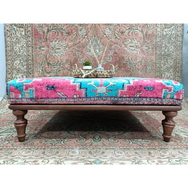 Details SIZE: 13x36x36 Inches ( with legs ) - 33x90x90 cm TYPE: Handmade Ottoman Bench CONDITION: is good. CONSTRUCT: It...