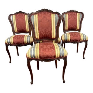 Set of 4 Antique Hand-Carved Circa 1900 French Chairs With Fine Fabric Upholstery For Sale