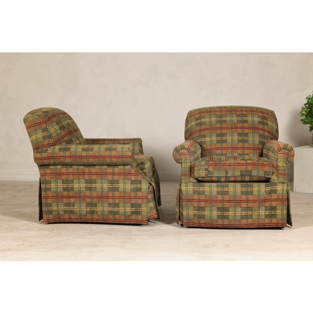 Green Pair of Kravet Plaid Upholstered Club Chairs with Skirted Base for Cozy Seating For Sale - Image 8 of 12
