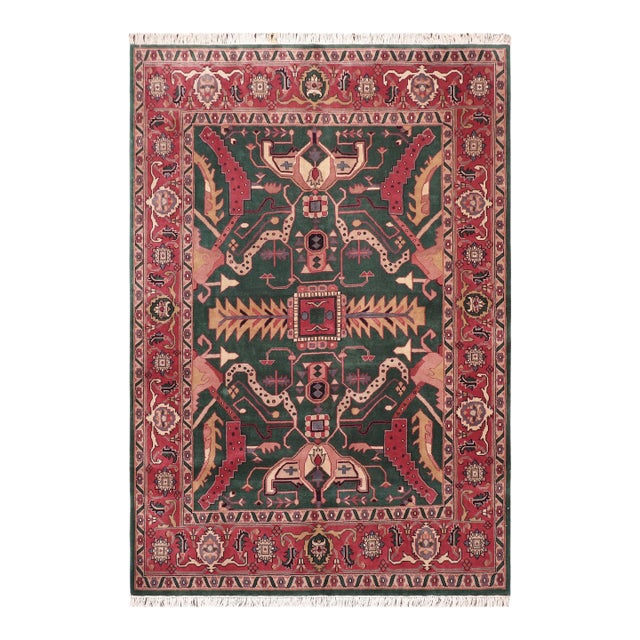 Shabby Chic Artisan Green/Rust Hand Knotted Wool Rug - 8'2'' X 9'10'' For Sale