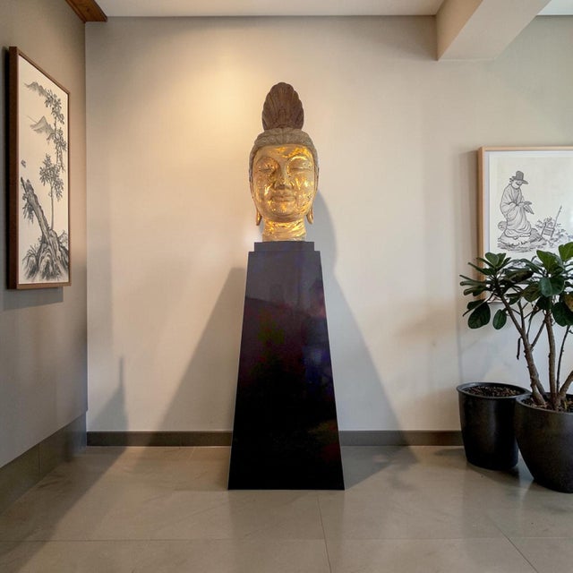 Monumental Thai-Style Buddha Head Sculpture on Lacquered Pedestal, 80"h For Sale - Image 4 of 13