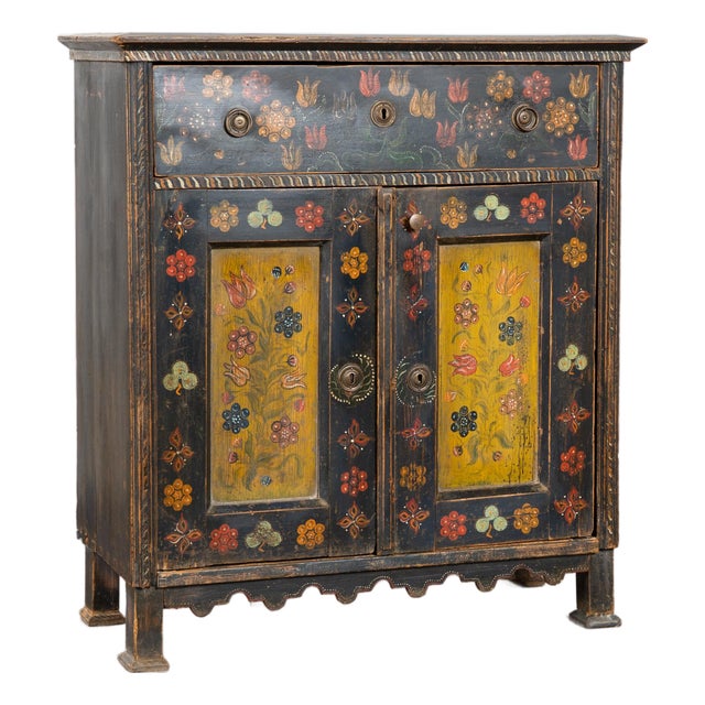 19th Century Original Hand-Painted Hungarian Pine Cabinet Sideboard For Sale