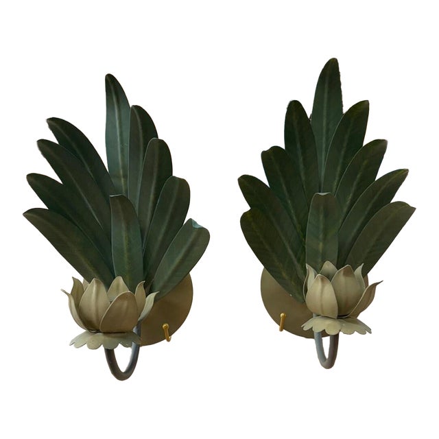 1960s Metal Wall Sconces With Lotus Flower Detail Italian Palm Leaf Candle Sconces- a Pair For Sale