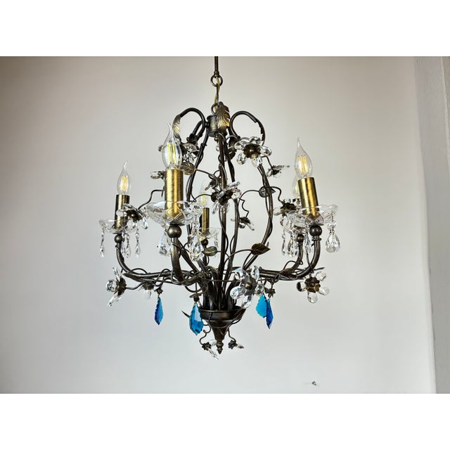 Large Vintage 1990s Wrought Iron Floral Chandelier With Crystal Flowers & Aqua Blue Stones Details For Sale - Image 9 of 17