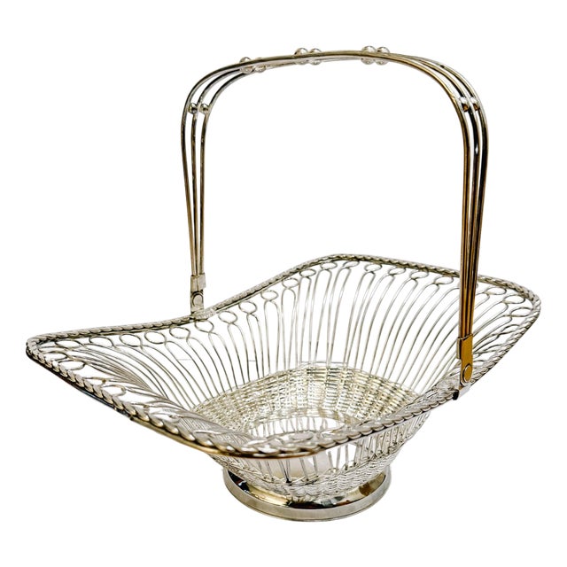 Mid 20th Century Victorian Style Silver-Plated Wirework Centerpiece Basket With Folding Swing Handle For Sale