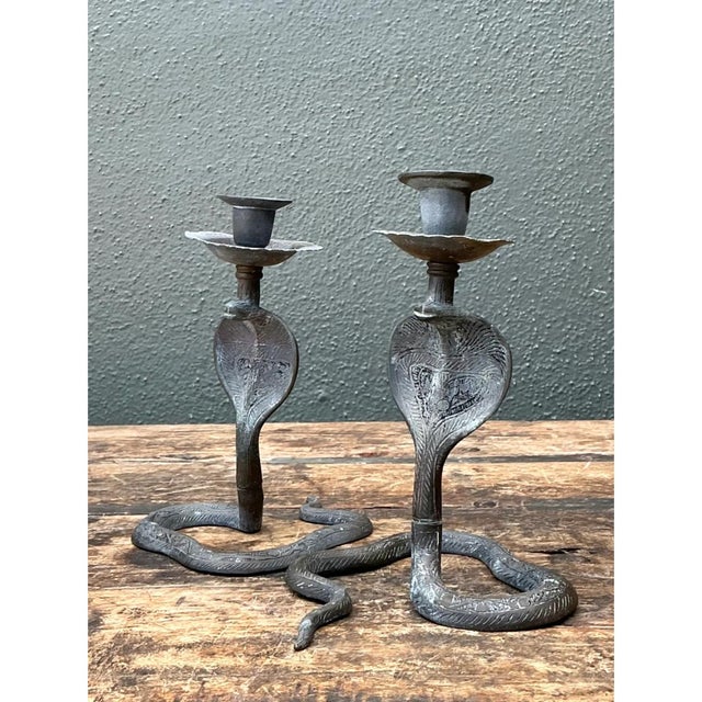 Moroccan Vintage Cobra Form Metal Candle Holders For Sale - Image 3 of 12